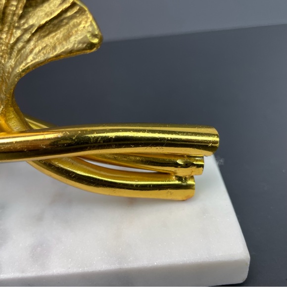 Sculpture 2 Leaf Ginko Gold Look Sculpture Modern Metal Leaves Marble Base - Picture 8 of 10